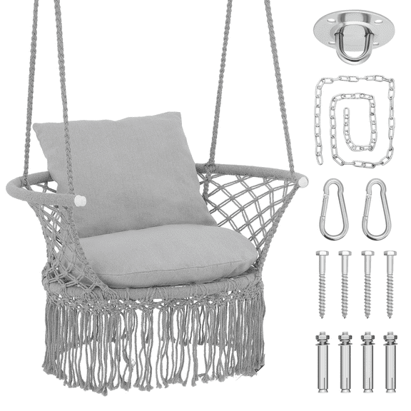 Magshion Adult Galvanized Iron Hanging Chair with Macrame and Cushion, Gray