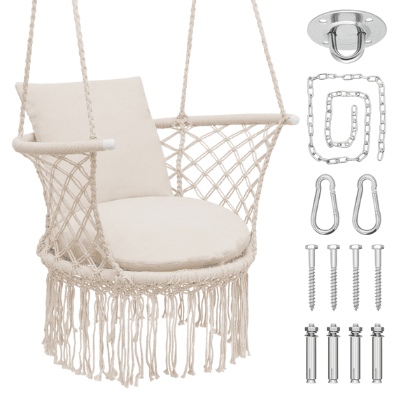 Magshion Hammock Chair, Hanging Swing with Macrame and Cushion, Hanging Cotton Rope Chair for Indoor Outdoor Bedroom Patio Yard Deck Garden Porch, 350lbs Capacity, Beige