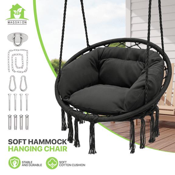 Magshion Hammock Chair, Hanging Swing with Macrame and Cushion, Hanging Cotton Rope Chair for Indoor Outdoor Bedroom Patio Yard Deck Garden and Porch, Max 350 lbs, Black