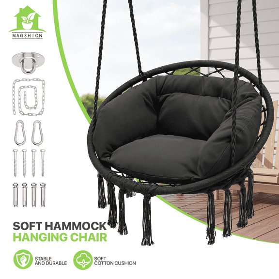 Magshion Hammock Chair, Hanging Swing with Macrame and Cushion, Hanging Cotton Rope Chair for Indoor Outdoor Bedroom Patio Yard Deck Garden and Porch, Max 350 lbs, Black