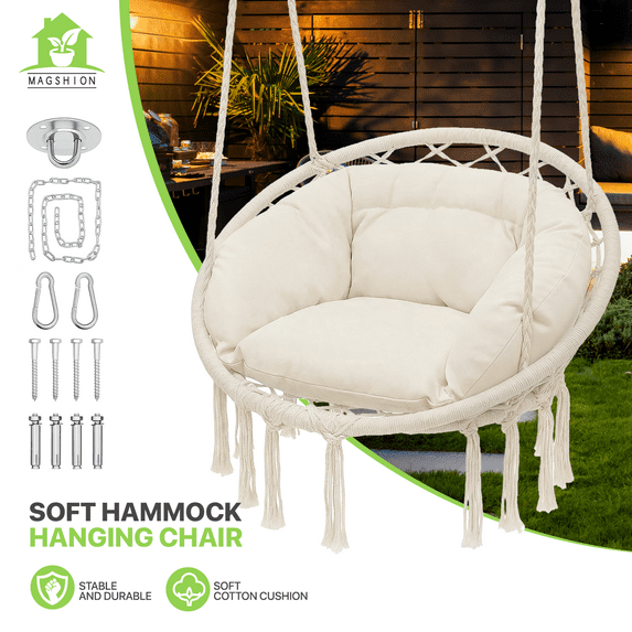 Magshion Hammock Chair Macrame Swing Chair with Cushion, 350lbs Weight Capacity, Hanging Chair Cotton Rope Hammock Chair Swing for Indoor and Outdoor Use, White
