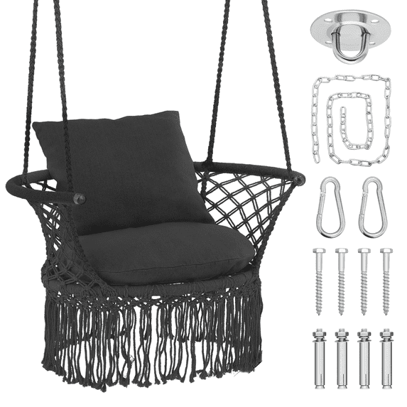 Magshion Hammock Galvanized Iron Hanging Chair with Macrame and Cushion, Black
