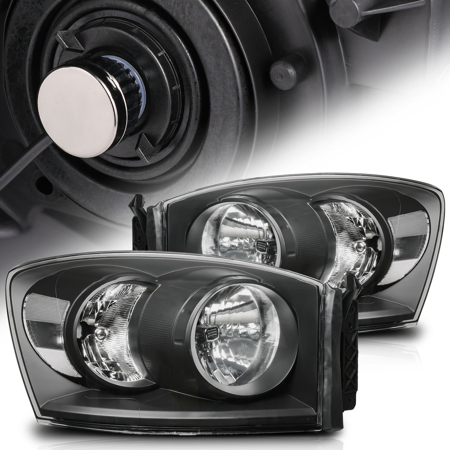 Pair Headlights Assembly For Dodge Ram 2006-2009 – Chrome Housing, Halogen Reflector, Clear Lens, H13 Bulbs, SAE-Certified