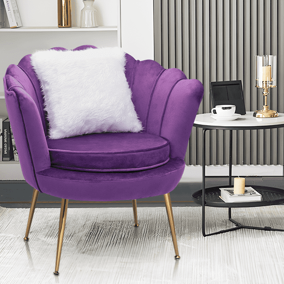 Magshion Home Apartment Tufted Velvet Armchair with Pillow, Living Room Accent Chair, Scalloped Back Cushion Padded Seat, Purple