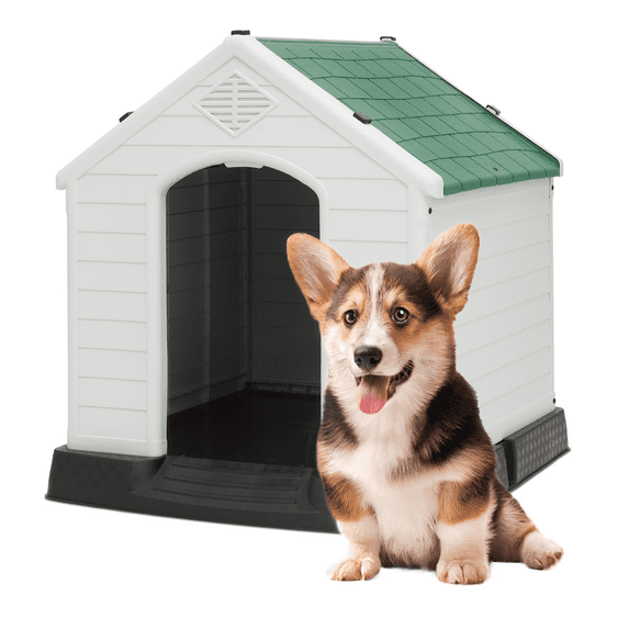 Magshion Large Plastic Dog House Outdoor Indoor Doghouse, Water Resistant Easy Assembly Sturdy with Air Vents and Elevated Floor (Forest Green, L29.5" W 33.0" H32.5")