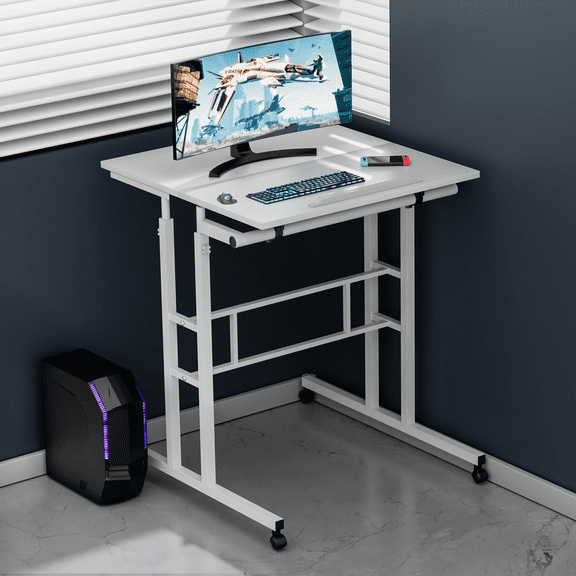 Magshion Lifting Computer Desk W/ Monitor Shelf, Adjustable Height Laptop Desk with Tilting Table for Standing or Sitting, White