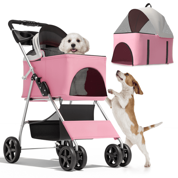Magshion Lightweight Foldable Dog Pet Stroller for Small Medium Pet, 4 Wheel (Pink)