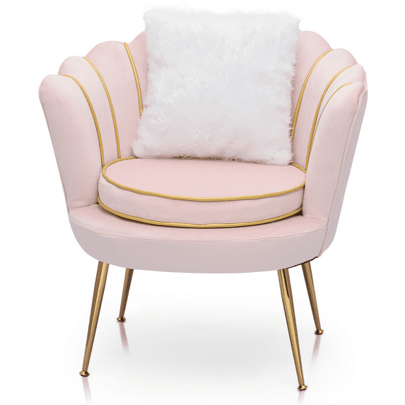 Magshion Living Room Microfiber Solo Sofa, Tufted Velvet Accent Chair, Round Padding Seat with Cushion, Home Upholstered Arm Chair, Light Pink/Gold