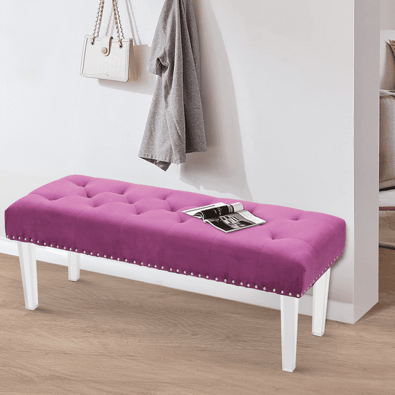 Magshion Livingroom Button Tufted Ottoman, Bedroom End of Bed Velvet Bench, Entryway Fabric Shoe Bench, Acrylic Feet Upholstered Seat Stool, Purple