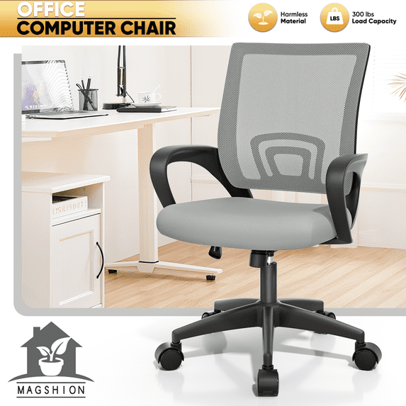Magshion Mesh Office Chair Desk Chair, Mid Back Ergonomic Adjustable Height Rolling Swivel Computer Chair with Lumbar Support, Light Gray
