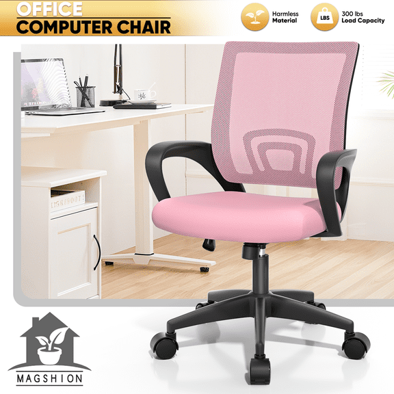 Magshion Mesh Office Chair Desk Chair, Mid Back Ergonomic Adjustable Height Rolling Swivel Computer Chair with Lumbar Support, Pink
