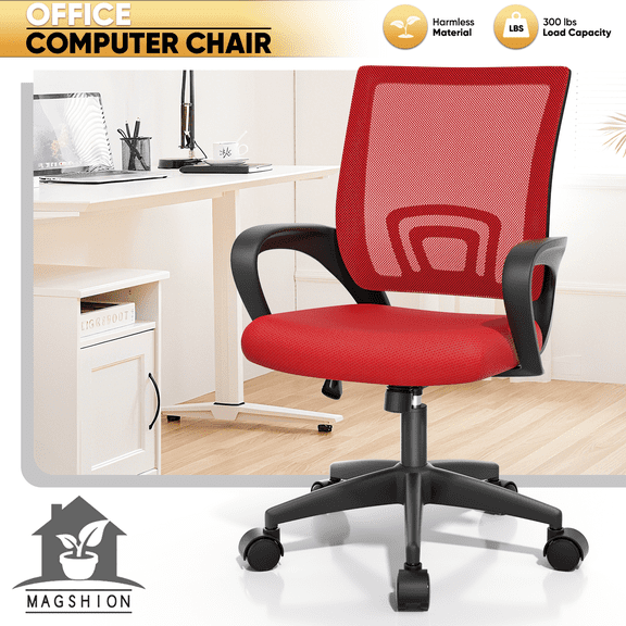 Magshion Mesh Office Chair Desk Chair, Mid Back Ergonomic Adjustable Height Rolling Swivel Computer Chair with Lumbar Support, Red