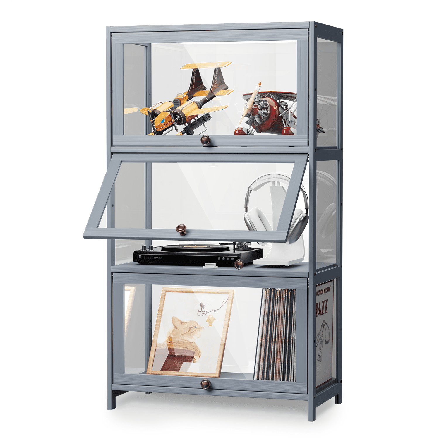 Magshion Modern 41.7" 3-Tier Transparent Display Cabinet with Flip Up Door, Floor Standing Showcase Bookshelf, Curio Cabinet Collection Display Case for Home Living Room Bedroom Office, Gray