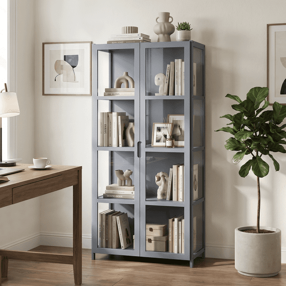 Magshion Modern 51" 4-Tier Transparent Display Cabinet with Acrylic Double Door, Floor Standing Showcase Bookshelf, Curio Cabinet Collection Display Case for Living Room Bedroom Home Office, Gray