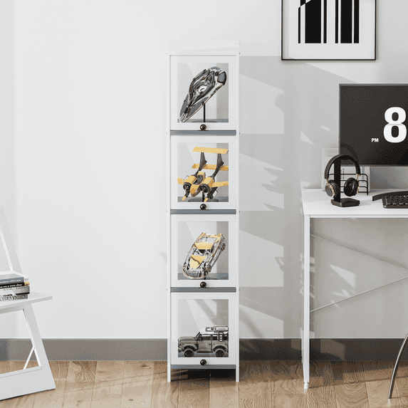 Magshion Modern 55" 4-Tier Transparent Display Cabinet with Acrylic Flip Door, Floor Standing Showcase Bookshelf, Curio Cabinet Collection Display Case for Living Room Bedroom Home Office, White