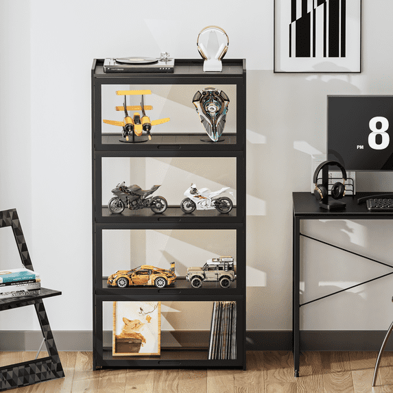 Magshion Modern 55" 4-Tier Transparent Display Cabinet with Acrylic Flip Door, Floor Standing Showcase Bookshelf, Curio Cabinet Collection Display Case for Living Room Bedroom Home Office, Black