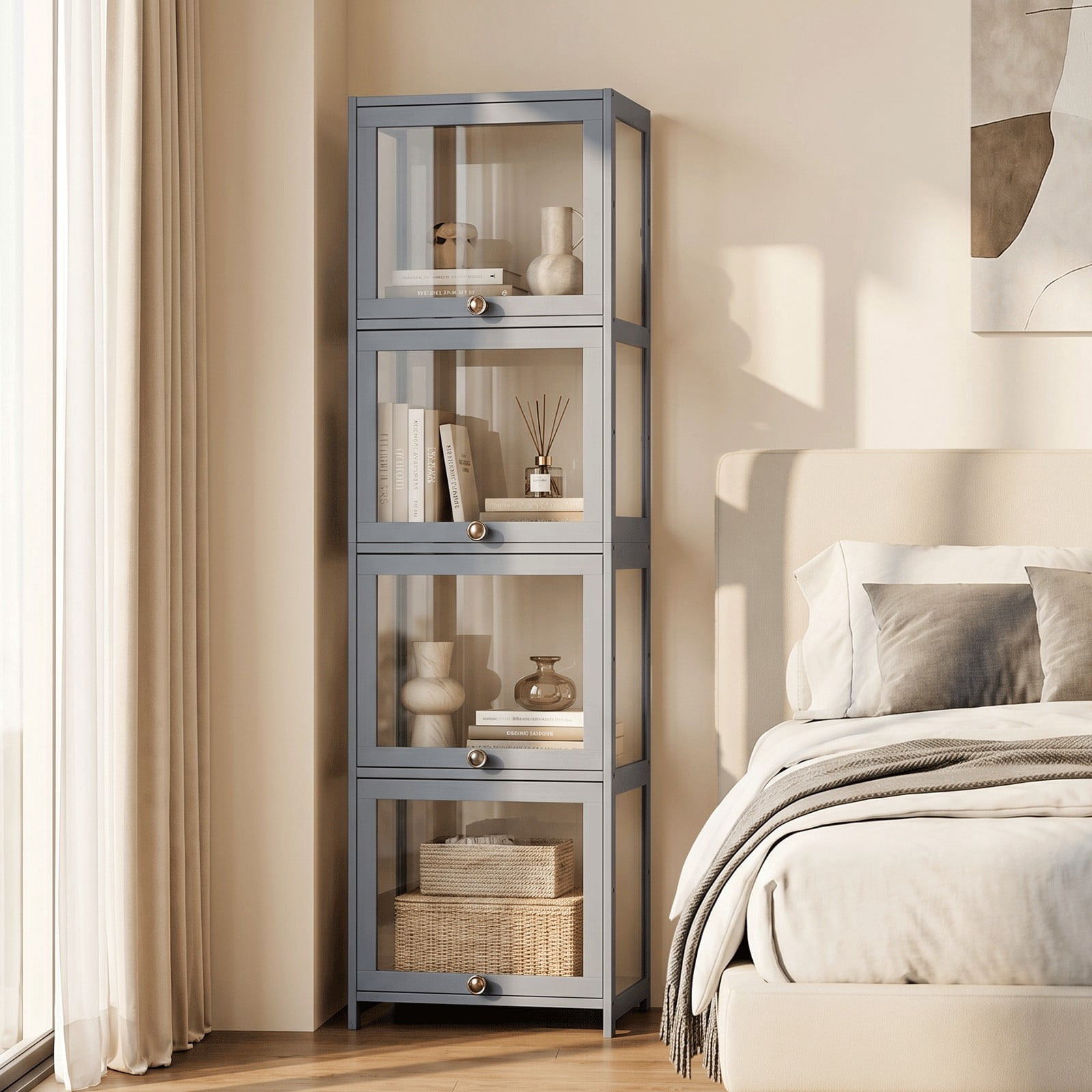 Magshion Modern 55" 4-Tier Transparent Display Cabinet with Flip Up Door, Floor Standing Showcase Bookshelf, Curio Cabinet Collection Display Case for Home Living Room Bedroom Office, Gray