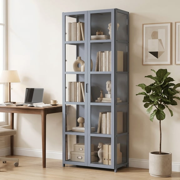 Magshion Modern 63" 5-Tier Transparent Display Cabinet with Acrylic Double Door, Floor Standing Showcase Bookshelf, Curio Cabinet Collection Display Case for Living Room Bedroom Home Office, Gray