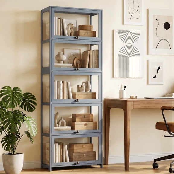 Magshion Modern 67.5" 5-Tier Shelf Display Cabinet with Acrylic Flip-Up Door and Metal Handle, Curio Cabinet Collection Display Case, Floor Standing Showcase Organizer for Home Office