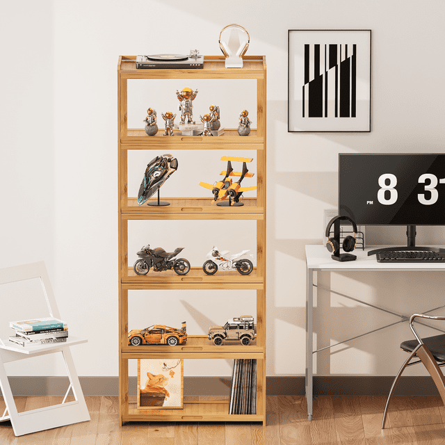 Magshion Modern 68" 5-Tier Transparent Display Cabinet with Acrylic Flip Door, Floor Standing Showcase Bookshelf, Curio Cabinet Collection Display Case for Living Room Bedroom Home Office, Black