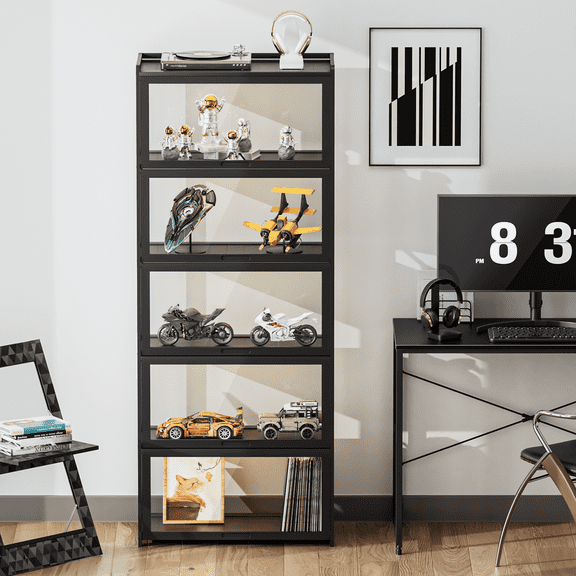 Magshion Modern 68" 5-Tier Transparent Display Cabinet with Acrylic Flip Door, Floor Standing Showcase Bookshelf, Curio Cabinet Collection Display Case for Living Room Bedroom Home Office, Black