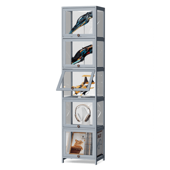Magshion Modern 68" 5-Tier Transparent Display Cabinet with Flip Up Door, Floor Standing Showcase Bookshelf, Curio Cabinet Collection Display Case for Home Living Room Bedroom Office, Gray