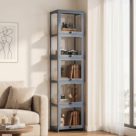 Magshion Modern 68" 5-Tier Transparent Display Cabinet with Flip Up Door, Floor Standing Showcase Bookshelf, Curio Cabinet Collection Display Case for Home Living Room Bedroom Office, Gray