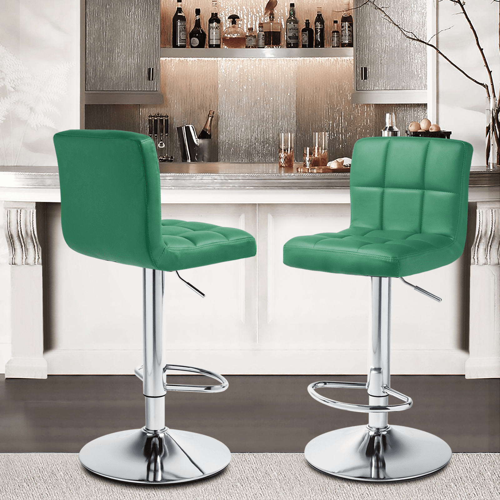 Magshion Modern Adjustable Swivel Bar Stools, Armless Kitchen Counter Barstools Faux Leather Square Island Barstool with Back Set of 2 Teal Green