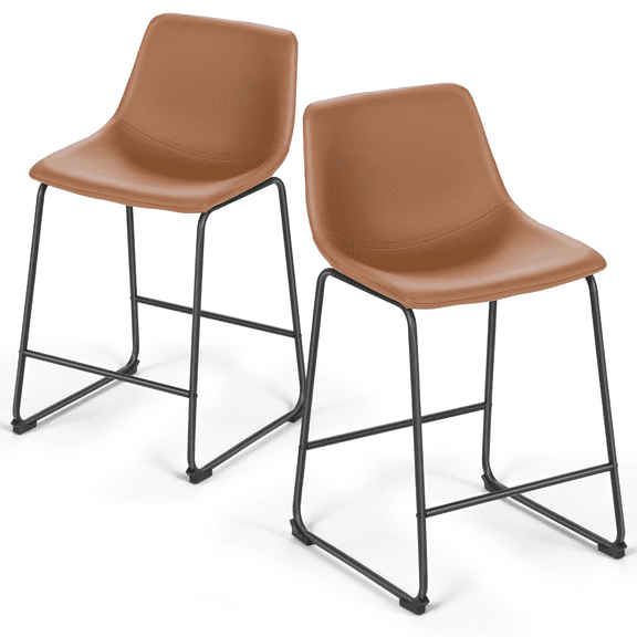 Magshion Modern Barstools Set of 2, PU Leather Counter Height Bar Stools, Dining Pub Chairs with Padded Bucket Seat, Brown
