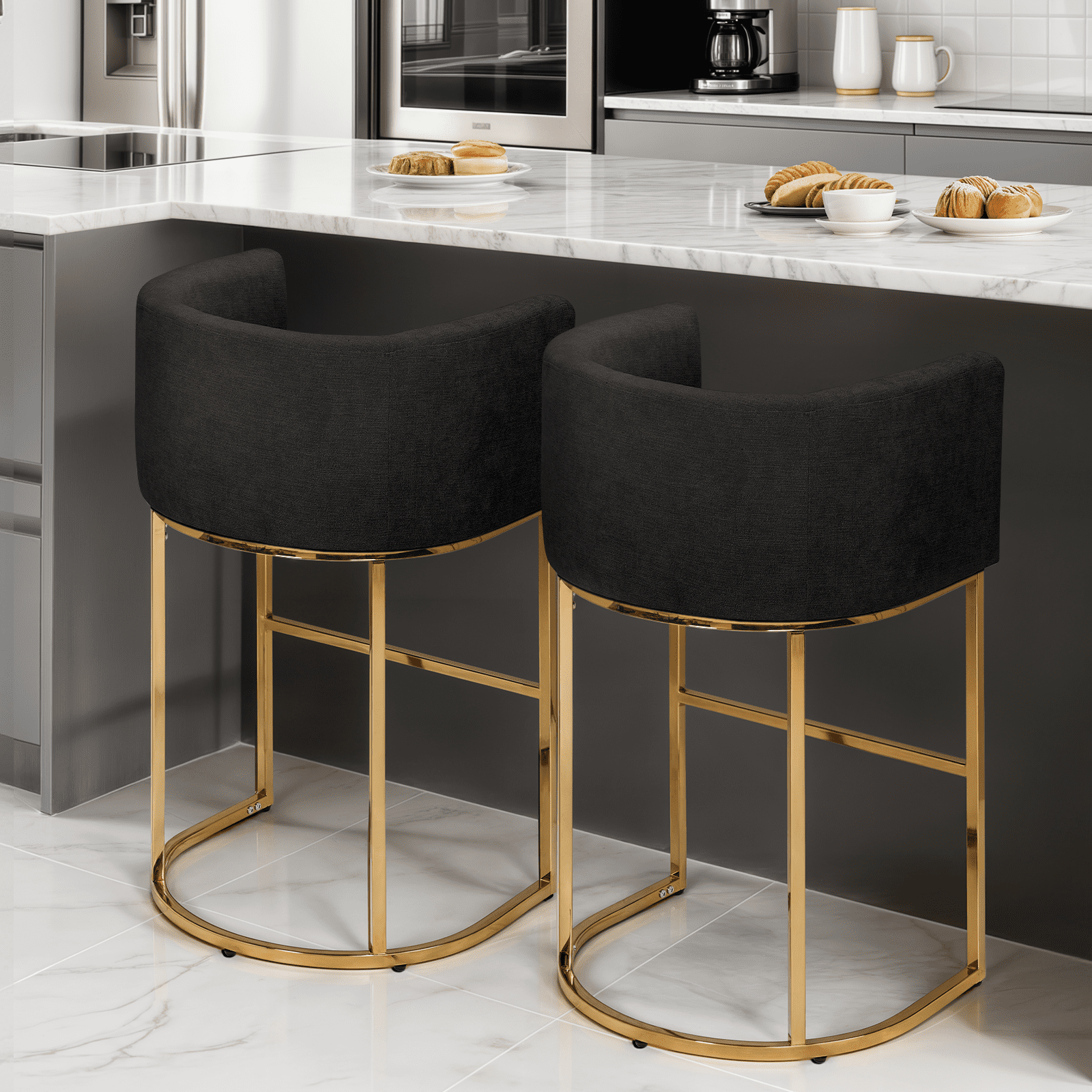 Magshion Modern Cotton-linen Dining Chairs Set of 2 with Metal Legs, 29" Seat Height Barrel Kitchen Chairs for Living Room Dining Room,White