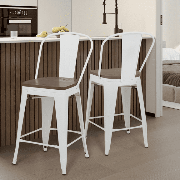 Magshion Modern Metal Dining Side Chairs Set of 2, Stackable Metal Chairs with Wooden Seat, White