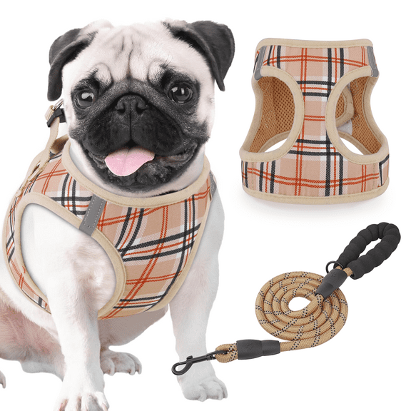 Magshion No Pull Dog Harness with Leash, No Choke Reflective Pet Vest Adjustable Breathable Mesh Harnesses Dogs Walking, Beige L