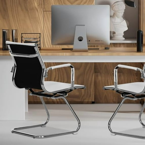 Magshion Office Reception Guest Chair with No Wheels, Mid Back PU Leather Waiting Room Chair with Metal Leg Sled Base and Arms for Conference Room (White, 2 Pack)