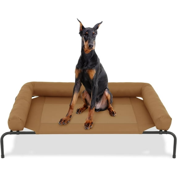 Magshion Outdoor Elevated Dog Bed w/Removable Bolster, Portable Raised Indoor Dog Cots Beds with Breathable Mesh for Extra Large Dogs up to 90 lbs, Brown
