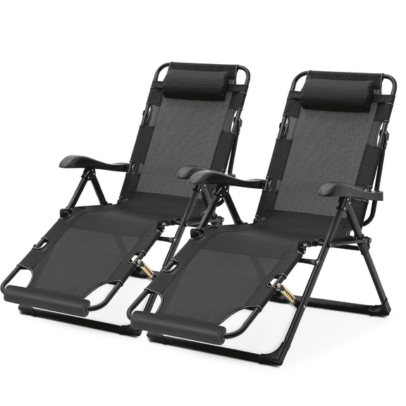 Magshion Outdoor Patio Lounge Chair Set of 2, Folding Reclining Beach Lawn Lounger, with Adjustable Headrest & Foot Pads, Black