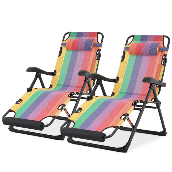 Magshion Outdoor Patio Lounge Chair Set of 2, Folding Reclining Beach Lawn Lounger, with Adjustable Headrest & Foot Pads, Rainbow