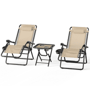 Magshion Outdoor Zero Gravity Chairs Set of 3, Adjustable & Folding Patio Reclining Lounge Chair, Zero-Gravity Camping Lounge Chair with Side Table, Cup Holder, Pillow, Cream