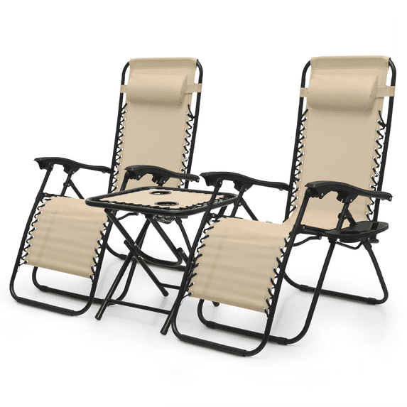 Magshion Outdoor Zero Gravity Chairs Set of 3, Adjustable & Folding Patio Reclining Lounge Chair, Zero-Gravity Camping Lounge Chair with Side Table, Cup Holder, Pillow, Cream