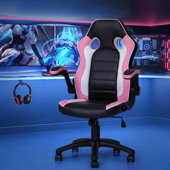 Magshion PU Leather Computer Gaming Office Chair, with Flip-Up Arms Working Desk Office Seat, Black/Pink