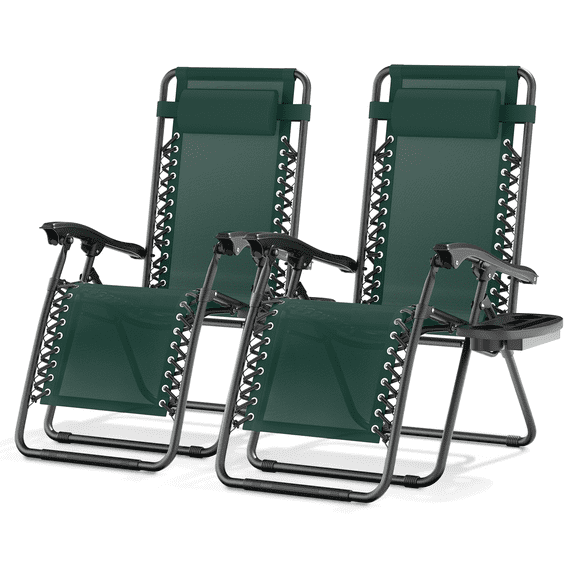 Magshion Zero Gravity Lounge Chairs Set of 2, Adjustable Recliners with Side Tray & Headrest, Folding for Outdoor Patio Lawn Beach, Forest Green