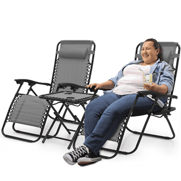 Magshion Patio Zero Gravity Chair Set of 3 with Table, Outdoor Lounge Beach Chairs with Adjustable Headrest & Footrest, Gray