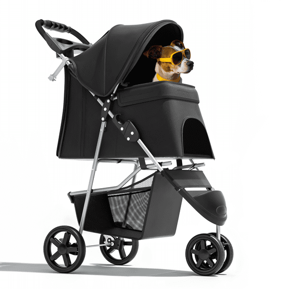 Magshion 3-Wheel Pet Stroller, Foldable Jogger for Small/Medium Dogs & Cats (33lb Max), Lightweight w/Breathable Mesh, Cup Holder & Basket, Black
