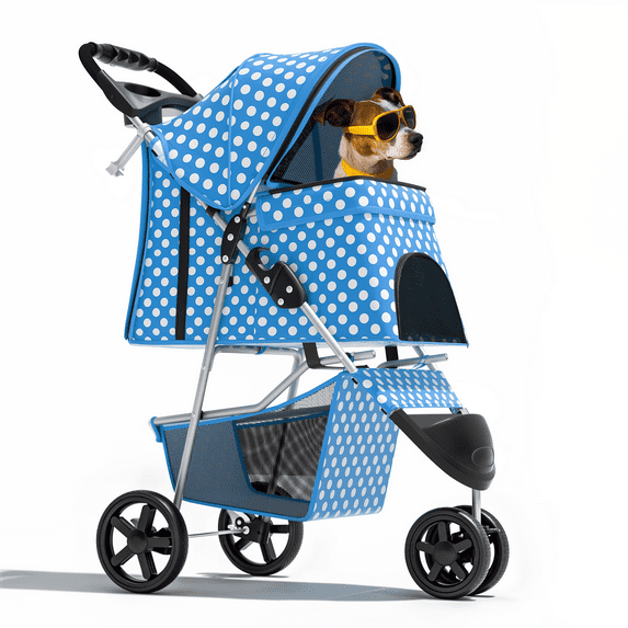 Magshion 3-Wheel Pet Stroller, Foldable Jogger for Small/Medium Dogs & Cats (33lb Max), Lightweight w/Breathable Mesh, Cup Holder & Basket, Sky Blue with White Polka Dots