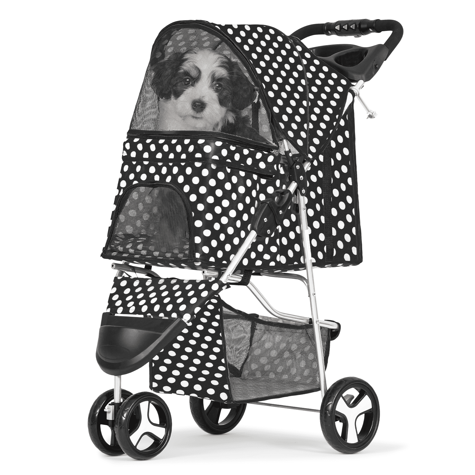 Black and White Polka Dot Foldable Dog Stroller with Storage