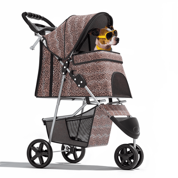 Magshion 3-Wheel Pet Stroller, Foldable Jogger for Small/Medium Dogs & Cats (33lb Max), Lightweight w/Breathable Mesh, Cup Holder & Basket, Leopard Print