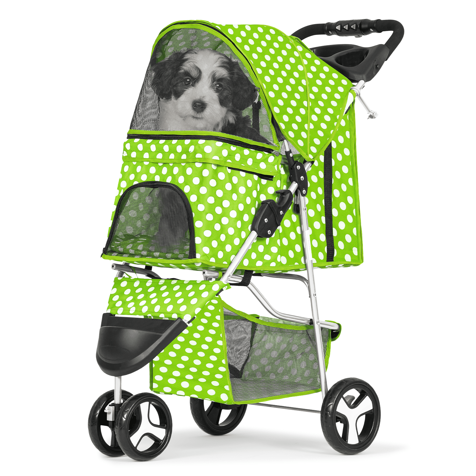 Lawn Green Polka Dot Foldable Pet Stroller with Storage