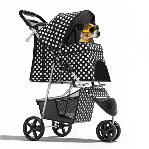 Magshion 3-Wheel Pet Stroller, Foldable Jogger for Small/Medium Dogs & Cats (33lb Max), Lightweight w/Breathable Mesh, Cup Holder & Basket, Black with White Polka Dots