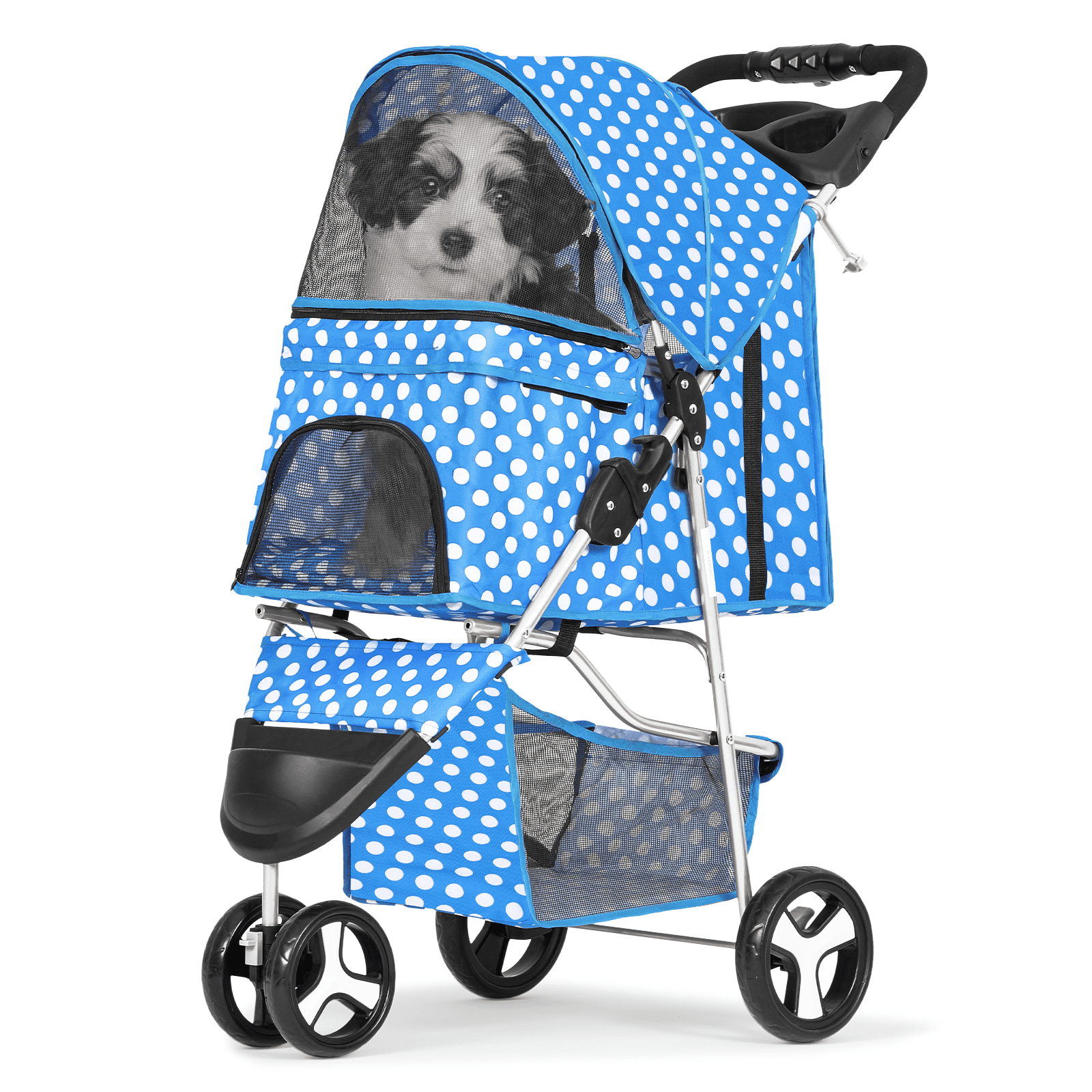 Sky Blue Polka Dot Foldable Pet Stroller with Storage