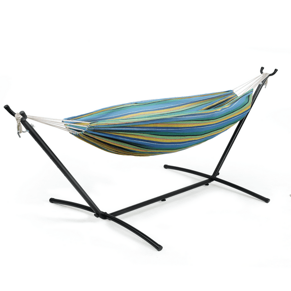 Magshion Portable Cotton Hammock with Steel Stand and Carry Bag, 6-Holes Height Adjustable , 250lb Capacity, for Garden, Backyard, Camping, Balconies. Blue/Yellow/Green