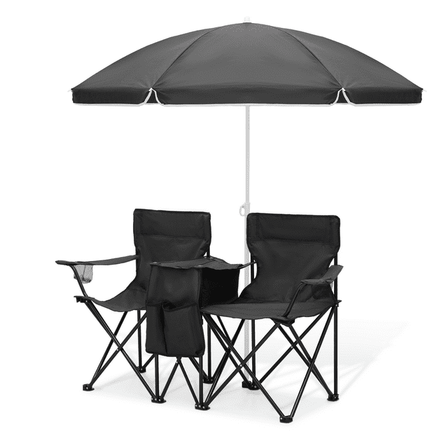 Magshion Portable Double Folding Chair with Removable Umbrella, Cooler